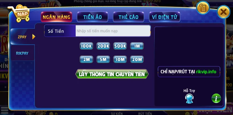 Hướng dẫn nap tiền qua tiền qua tài khoản ngân hàng tại Rikvip.