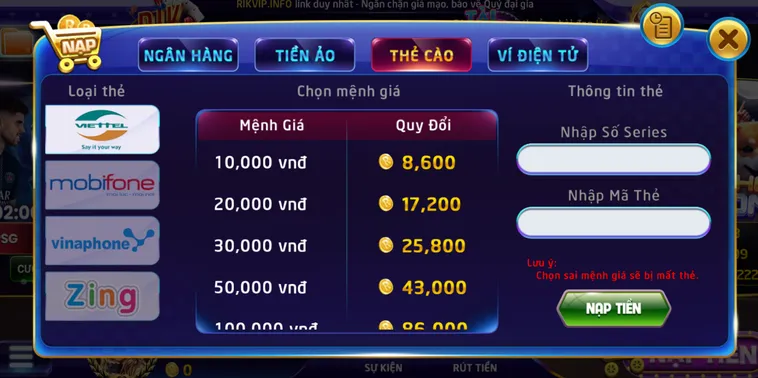 Hướng dẫn nạp tiền bằng thẻ cào tại Rikvip.