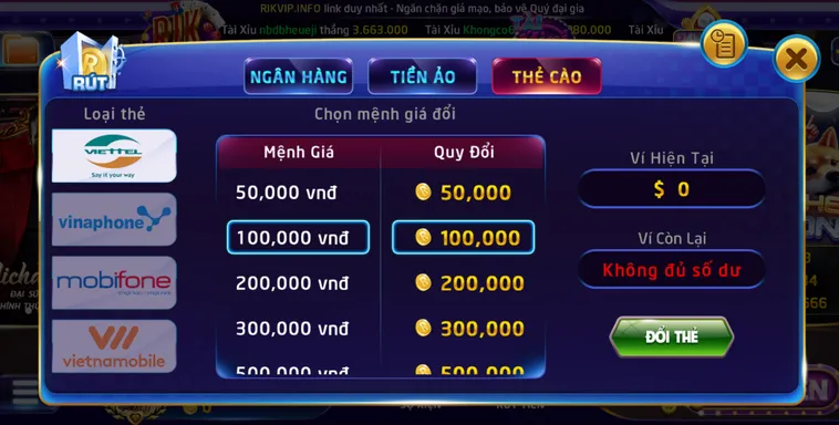 Hướng dẫn rút tiền qua thẻ cào tại Rikvip.