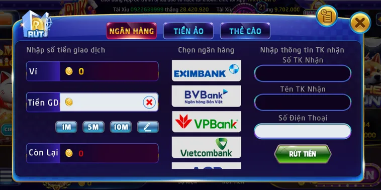 Hướng dẫn rút tiền qua tài khoản ngân hàng tại Rikvip.