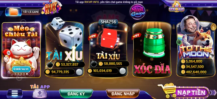 Sảnh game Rikvip đa dạng thể loại thu hút người chơi.